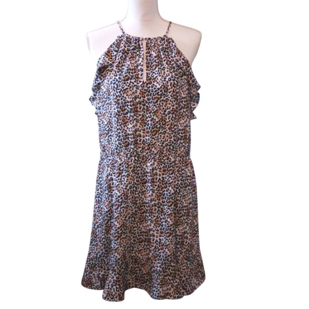 Slate & Willow Ruffle High Neck Dress,‎ Leopard Print Sleeveless Mini Dress